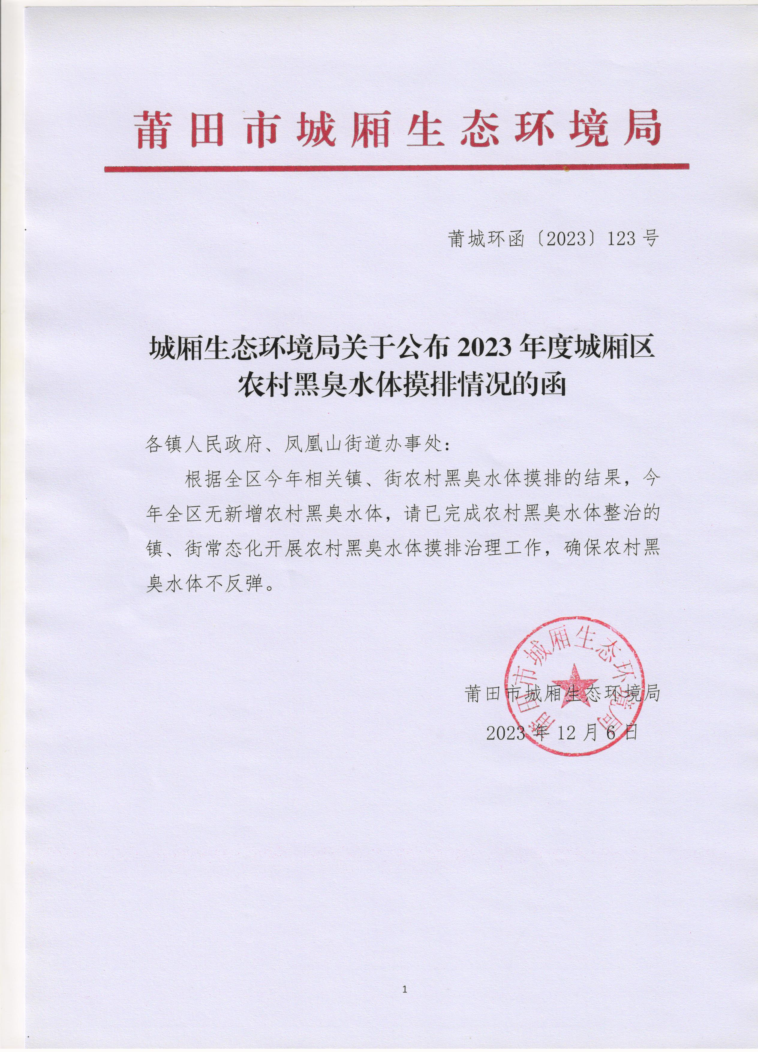 城廂生態(tài)環(huán)境局公布2023年度城廂區(qū)農(nóng)村黑臭水體摸排情況